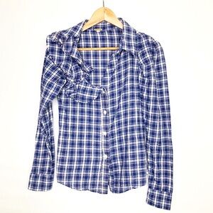 Johanna Ortiz Plaid blue and white ruffled button-down linen shirt